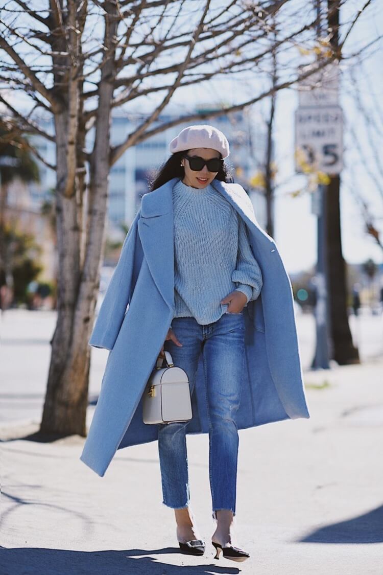 comment porter couleurs pastel hiver jean bleu manteau blouson bleu layette