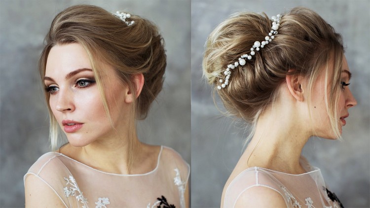 bridal-messy-chignon-bohemian-short-hair-with-pearl-headband