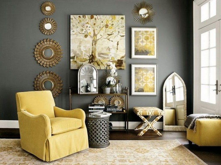 miroirs soleil déco murale dans salon jaune gris sophistiqué