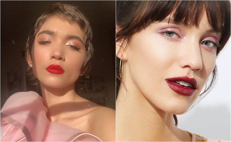 tendance maquillage romantique saint valentin 2021 regard rose et lèvres rouge intense