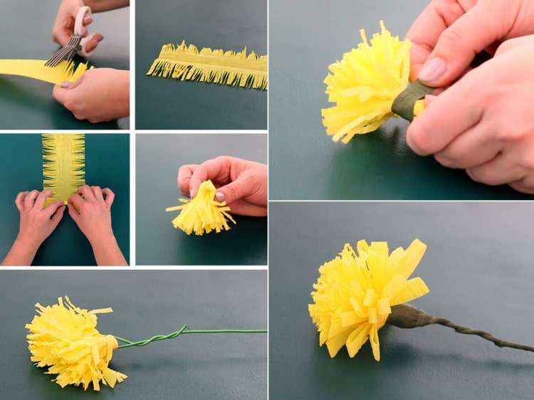 DIY fleurs de papier crêpe jaune