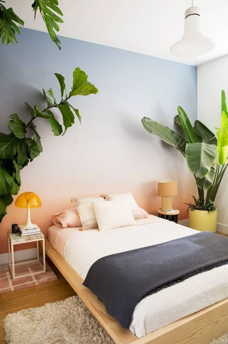 peinture dégradée mur chambre coucher déco plantes tropicales bananier figuier