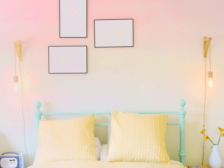 peinture dégradée rose jaune déco murale chambre coucher wall ombre