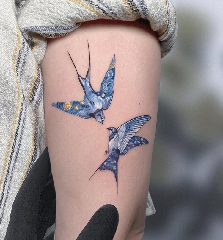 tatouage fine art bras femme oiseaux