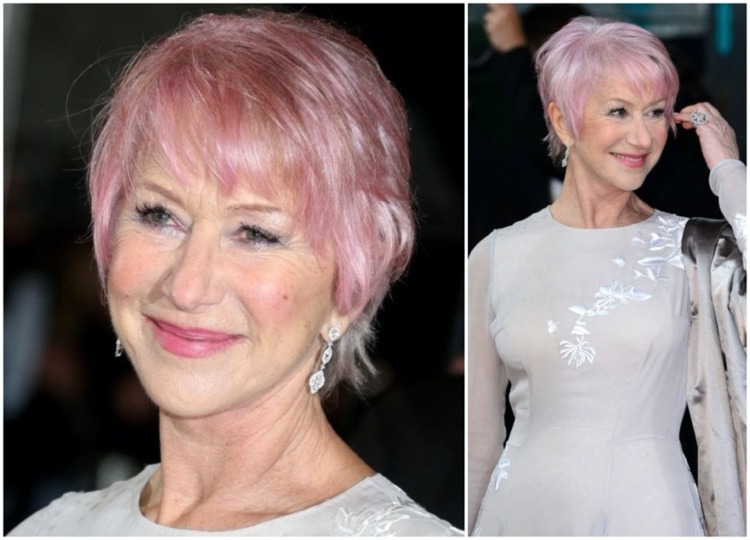 Helen Mirren coloring short hair for a 60-year-old woman in light pink