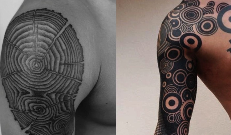 cercles croissance arbre dendrochronologie tatouage homme épaule
