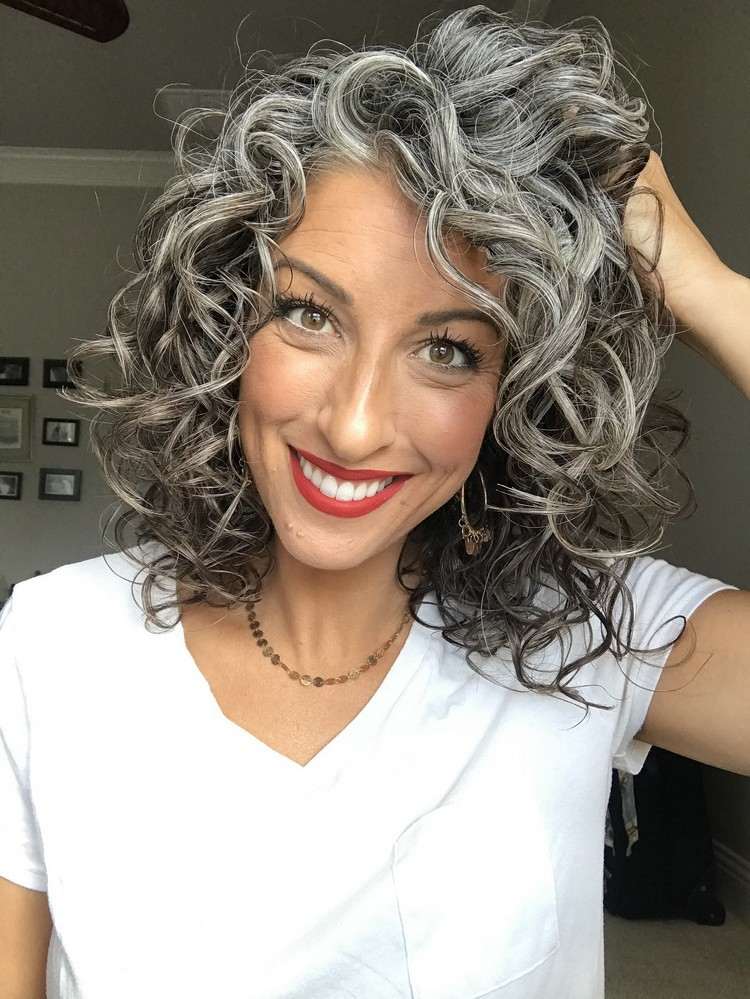 Gray Hairstyles Medium Length Woman Curly Cut Salt and Pepper Effect