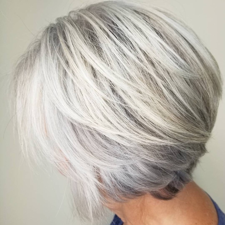 Silver gray hair color 60 year old woman square cut