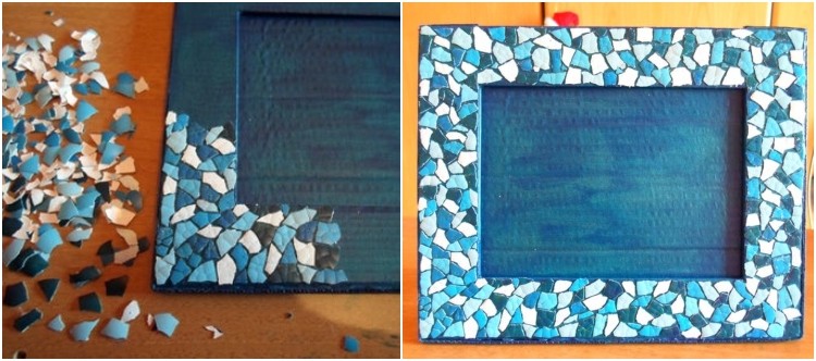 faire cadre photo carton décorer coquilles oeufs peintes bleue