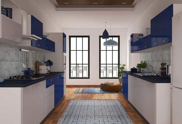 idée aménagement cuisine en II 2 fenetres décoration blanc et bleu