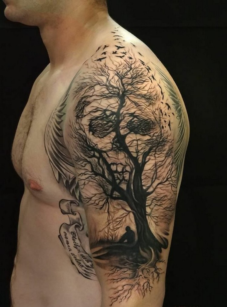 idée tatouage homme épaule arbe branches tete de mort