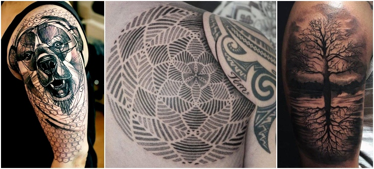 idées tatouage homme épaule sans couleur portrait chien entrelacs arbre vie