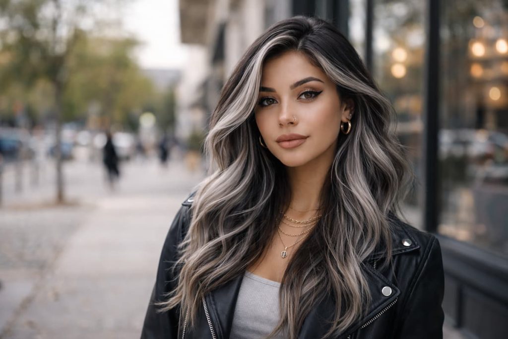 mèches gris perle cheveux foncés femme