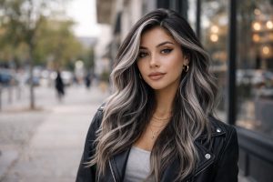 mèches gris perle cheveux foncés femme