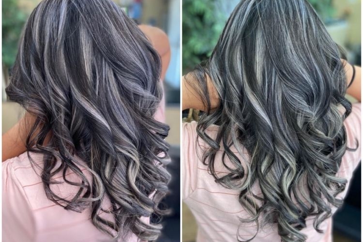Mèches grises ou balayage sur les cheveux foncés et clairs