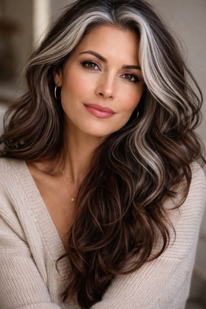 mèches grises sur cheveux bruns femme