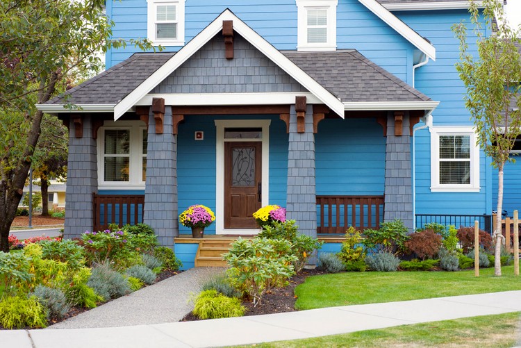 plates-bandes plantes fleurs fond façade maison bleue