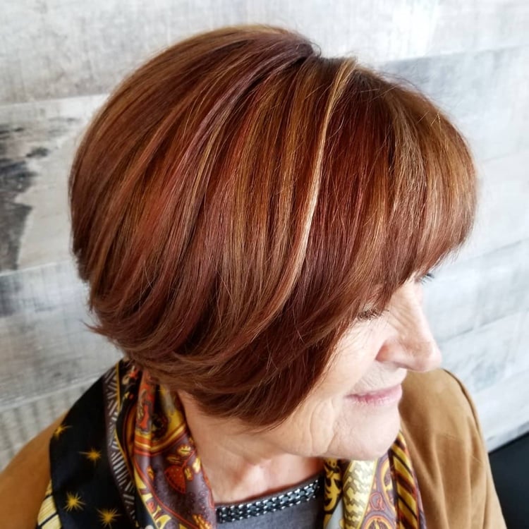 What color short hair woman 60 years old cut square copper color
