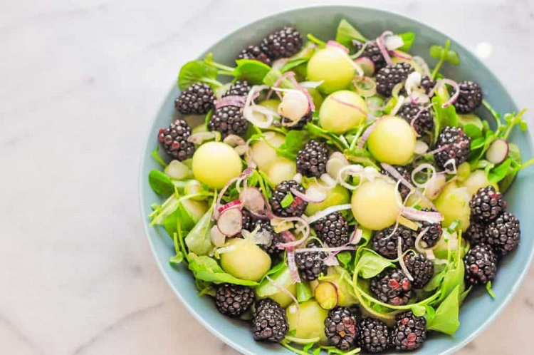 Healthy salad recipe sweet and salty watermelon blackberries herbs