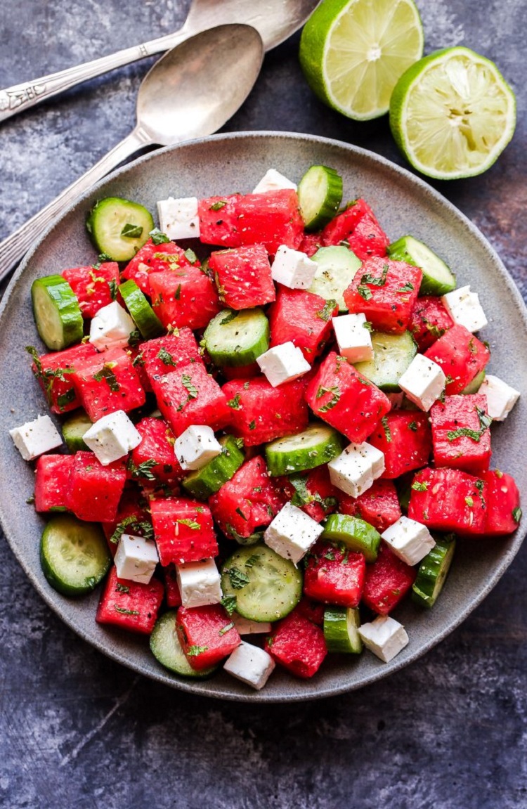 The whole salad is healthy and fresh watermelon cucumber and feta