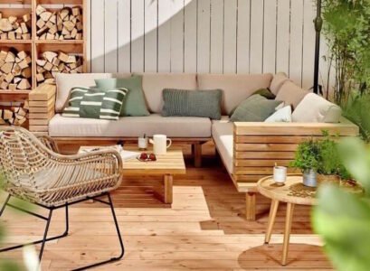 salon jardin bois moderne canape angle parasol arriere cour cozy