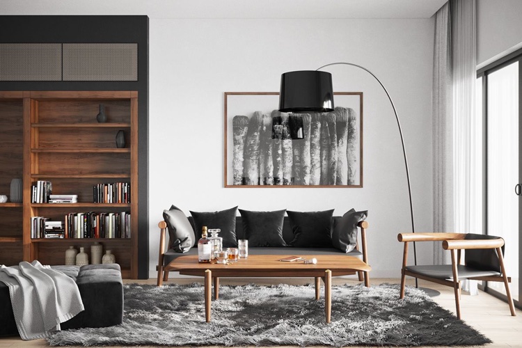 style japandi salon meubles style scandinave bois clair tissu gris fonce