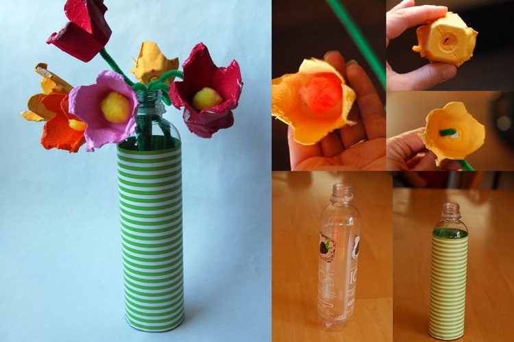 activité manuelle recyclage bouteille plastique bouquet de fleurs en carton recyclé boîte oeufs