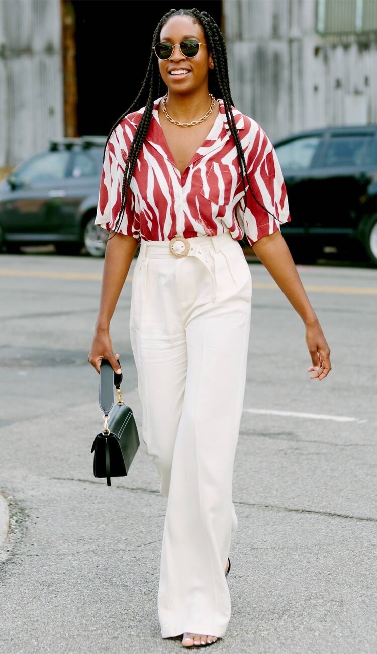 blouse zebre blanc rouge pantalon blanc taille haute