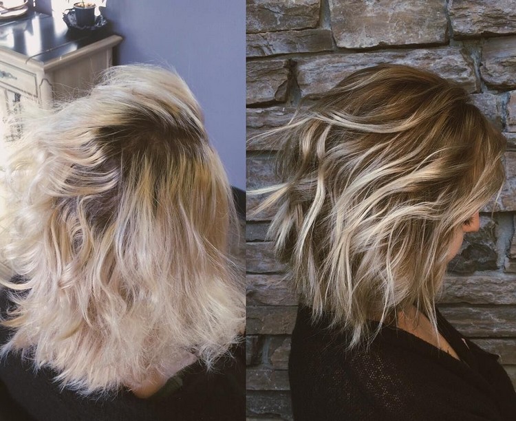 An outdated blonde balayage bob turned to brown hair