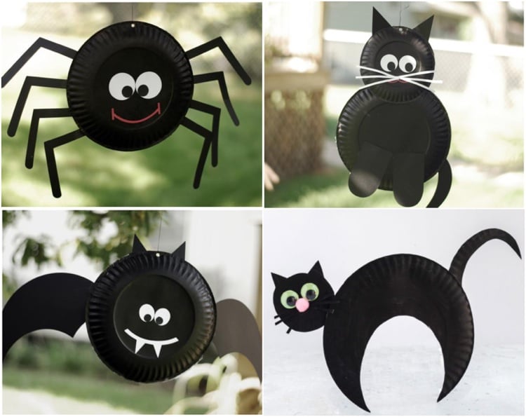 bricolage pour halloween avec assiette en carton chat noir araignée chauve souris