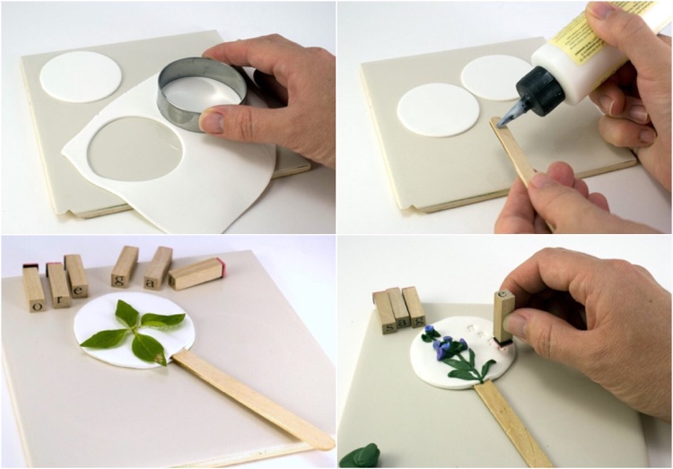 fabriquer etiquettes pour plantes pate polymere decoration tampons lettres impression feuille