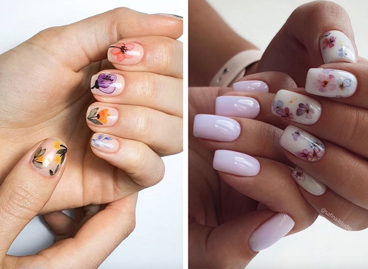 milky nails avec des fleurs minimalistes