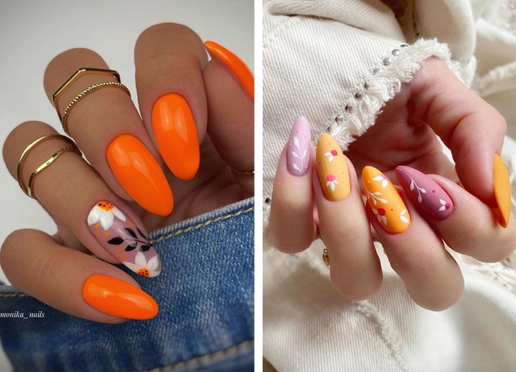 nail art fleur en couleur pop orange