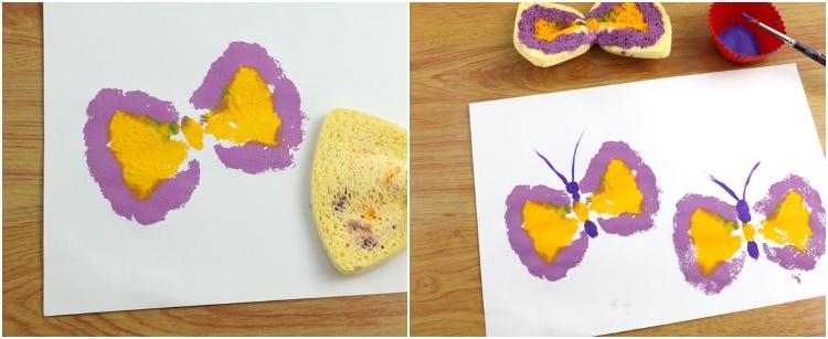 papillons éponges idées tutoriels peinture printemps maternelle objets ménagers