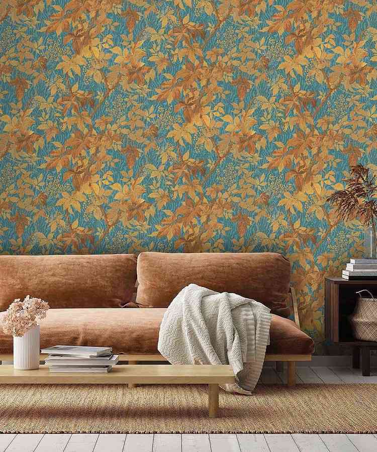 salon moderne papier peint floral en terracotta et bleu