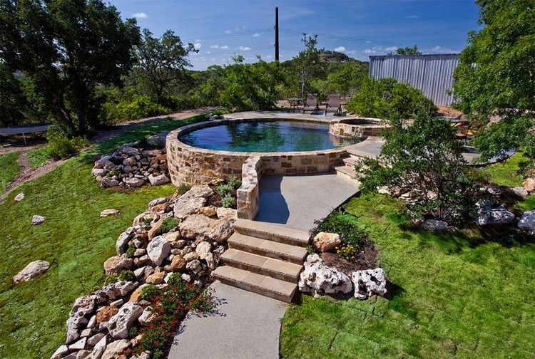 aménagement autour piscine hors terre recouverte pierre dalles pavés