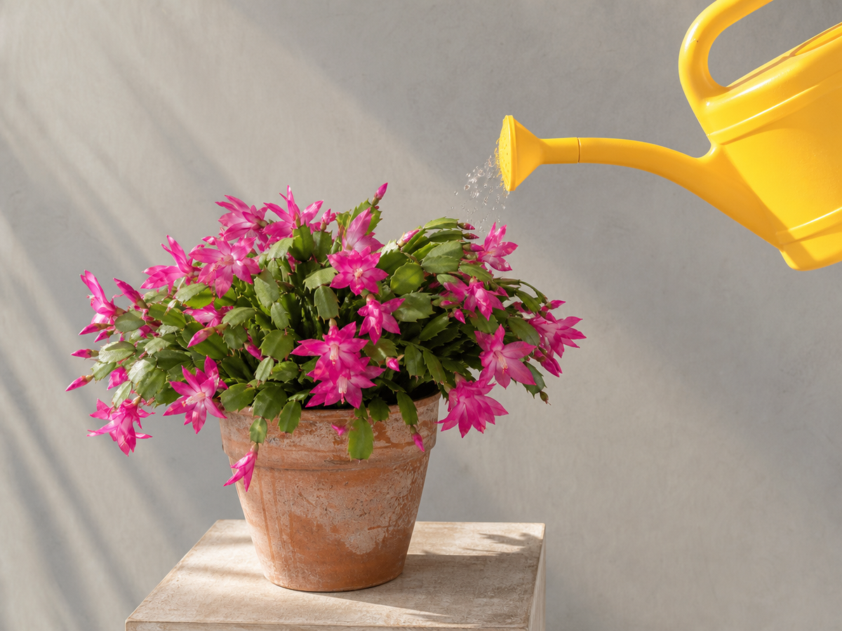 Arrosage d'un cactus de Noël en fleurs avec arrosoir jaune
