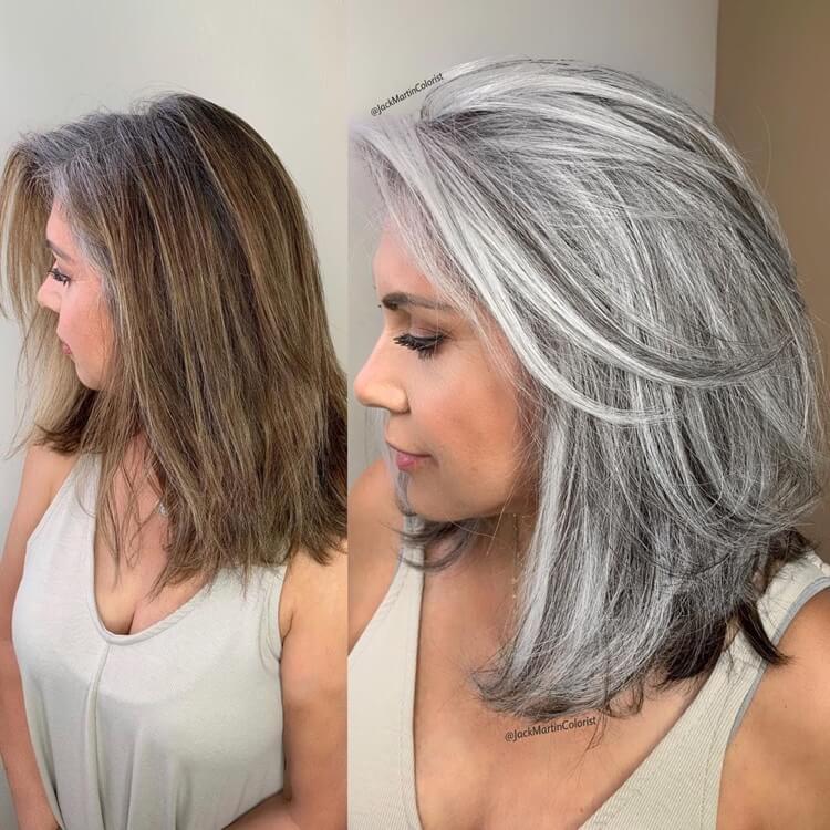balayage inversé sur cheveux blancs lowlights gris coiffure poivre et sel
