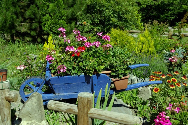 comment décorer brouette jardin bois peinture plantes à fleurs