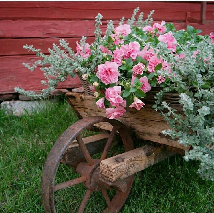 comment décorer vieille brouette jardin bois métal plantes fleurs