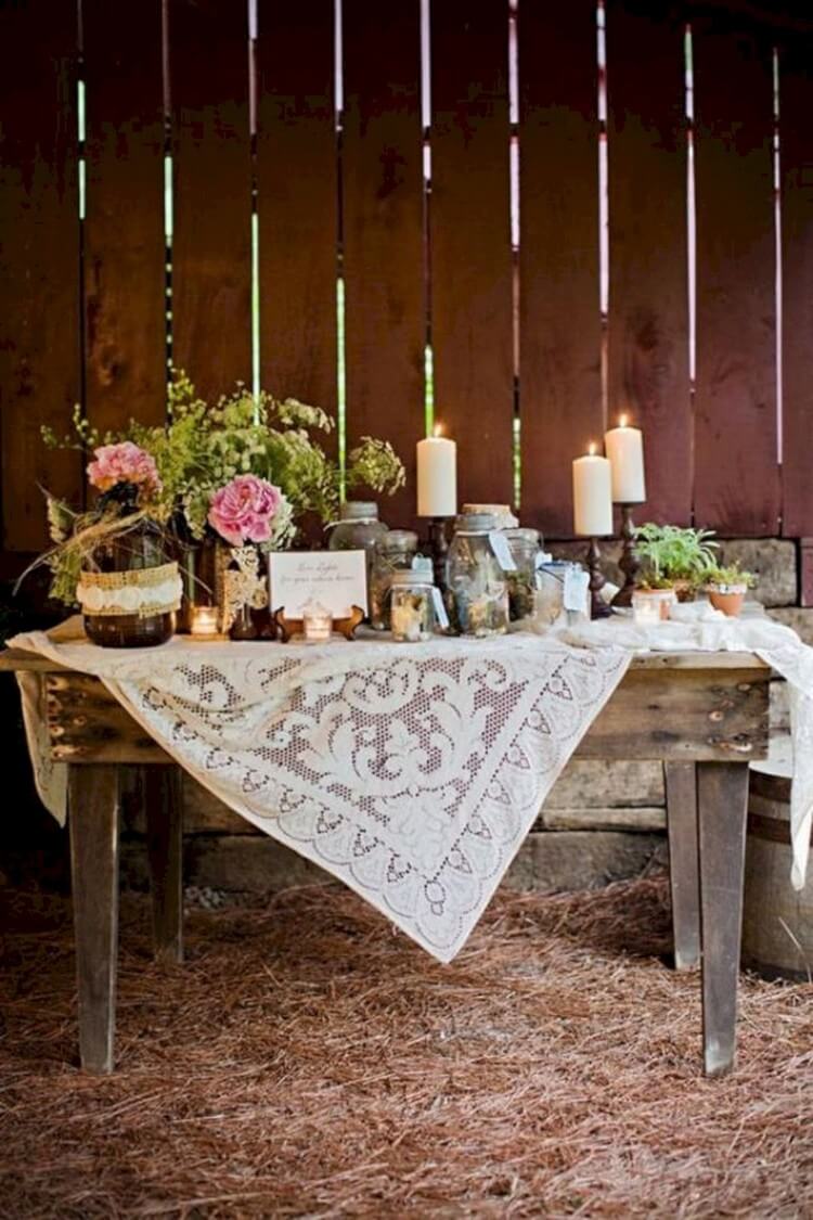 décoration table mariage champetre nappe crochet bougies fleurs