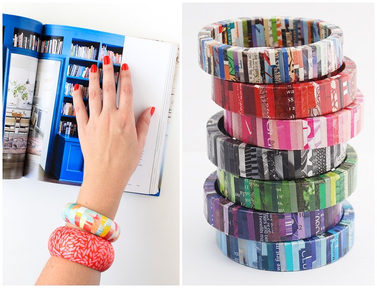 fabriquer des bijoux pour la fete des mères 2021 bracelet customisé papier journal fil de laine