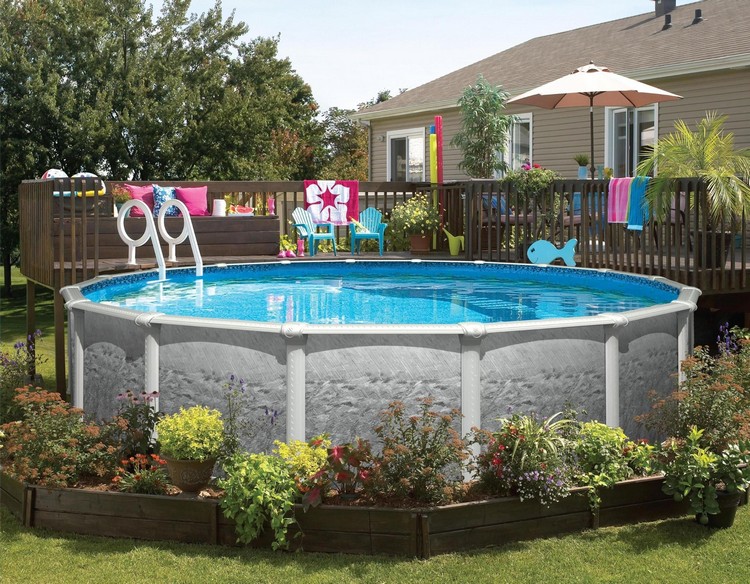 idée aménagement paysager autour piscine hors sol ronde plantes fleurs