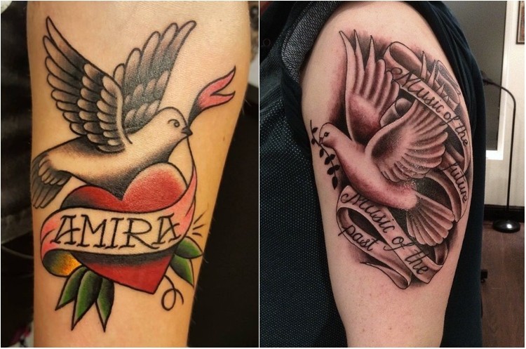 idées tatouage colombe bras homme avec sans couleur