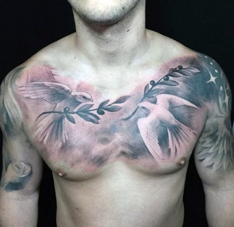 tatouage colombes de la paix branche olivier torse homme symboles