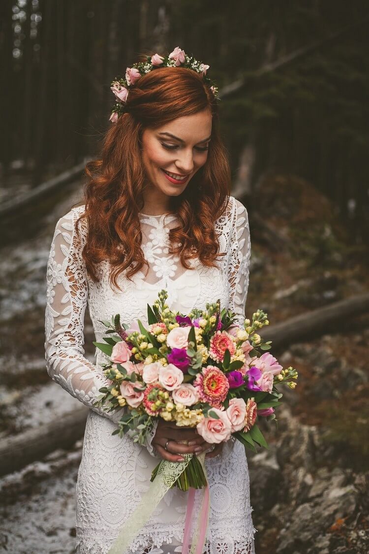 Wavy Wedding Hairstyle Medium Length Copper Crown Flowers
