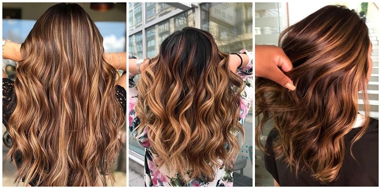 Mèches caramel et miel sur cheveux châtain foncé
