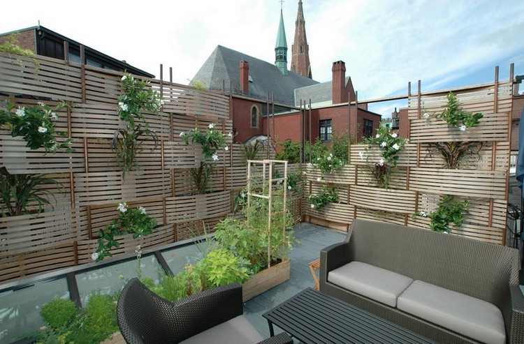 paravent extérieur toit-terrasse panneaux bois végétaliser jardinières