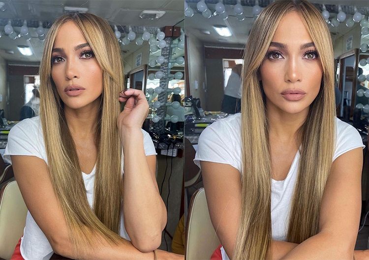 Frange rideau longue sur cheveux longs blonds jennifer lopez