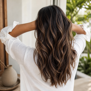 Balayage marron glacé sur cheveux bruns foncés ondulés avec fines mèches caramel naturelles